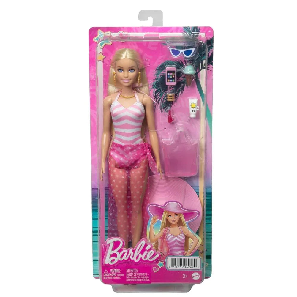Barbie Blonde Doll with Swimsuit, Sun Hat, Tote Bag & Beach-Themed Accessories - Naivri