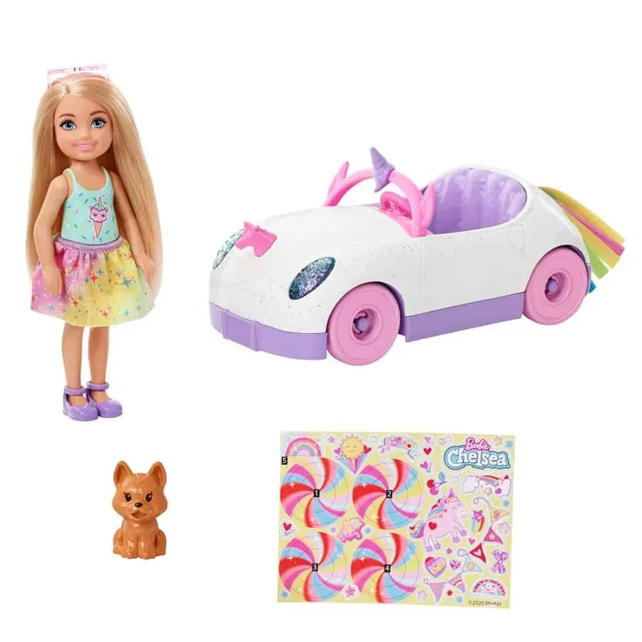 Barbie Club Chelsea Doll (6-inch Blonde) With Open-Top Unicorn Car & Sticker Sheet GXT41 - Naivri