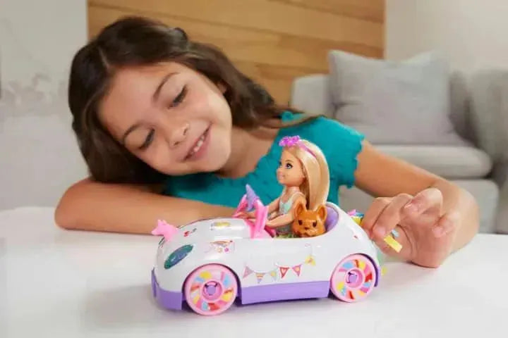 Barbie Club Chelsea Doll (6-inch Blonde) With Open-Top Unicorn Car & Sticker Sheet GXT41 - Naivri