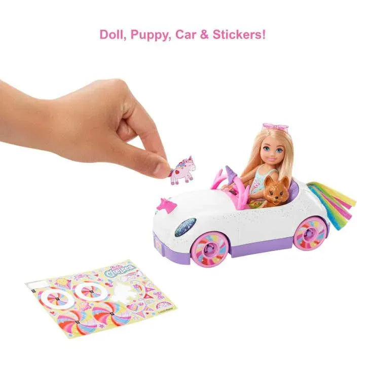 Barbie Club Chelsea Doll (6-inch Blonde) With Open-Top Unicorn Car & Sticker Sheet GXT41 - Naivri