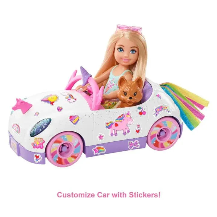 Barbie Club Chelsea Doll (6-inch Blonde) With Open-Top Unicorn Car & Sticker Sheet GXT41 - Naivri