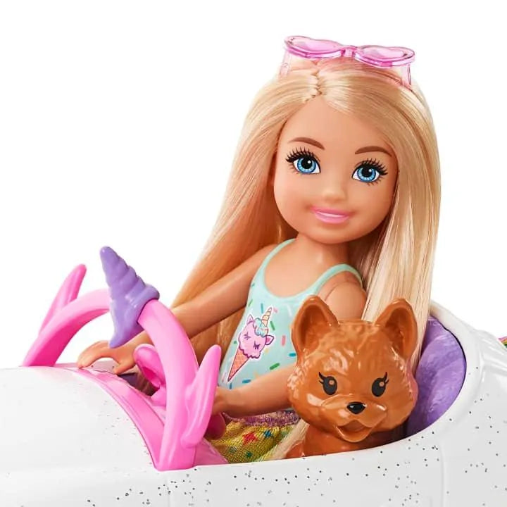 Barbie Club Chelsea Doll (6-inch Blonde) With Open-Top Unicorn Car & Sticker Sheet GXT41 - Naivri