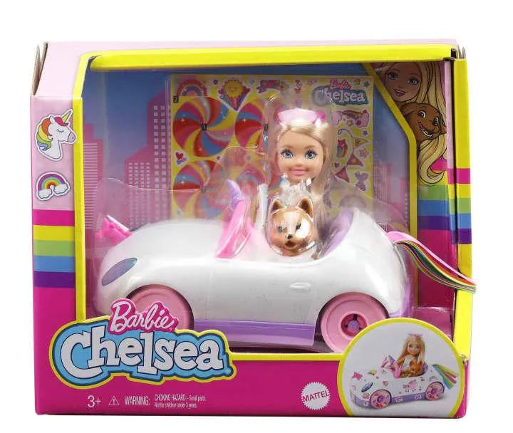 Barbie Club Chelsea Doll (6-inch Blonde) With Open-Top Unicorn Car & Sticker Sheet GXT41 - Naivri