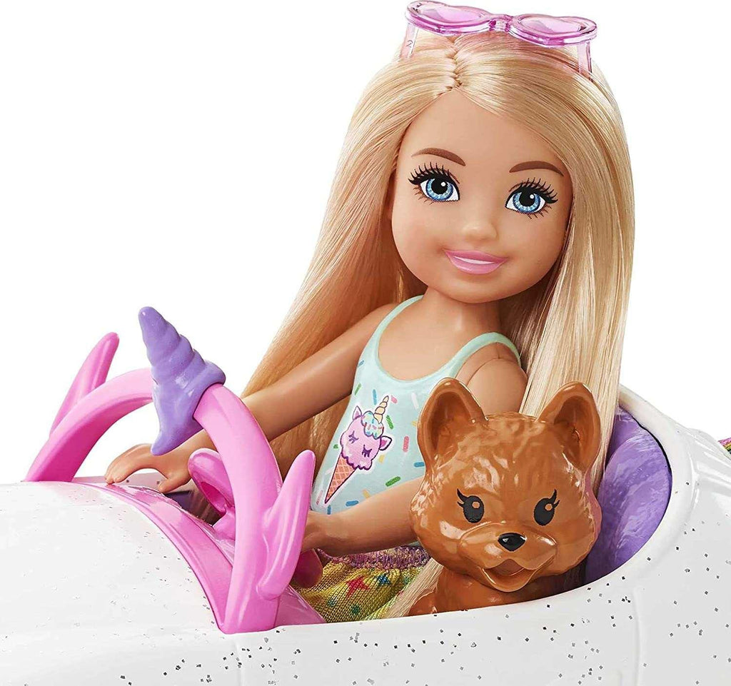 Barbie Club Chelsea Doll with Rainbow Unicorn Car & Pet Puppy - Naivri