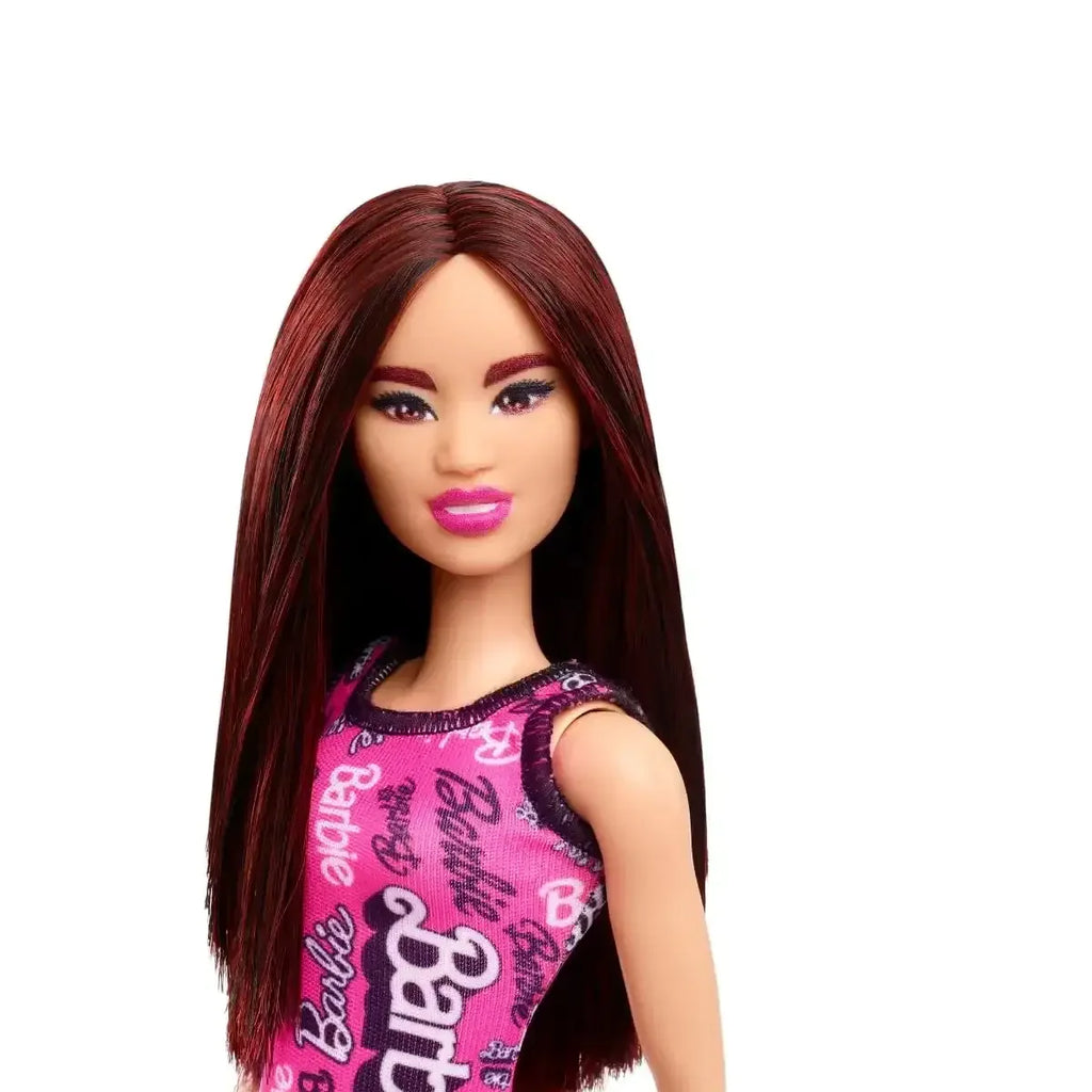 Barbie Fashion Doll with Straight Dark Burgundy Hair, Removable Pink Tank Dress & Shoes - Naivri