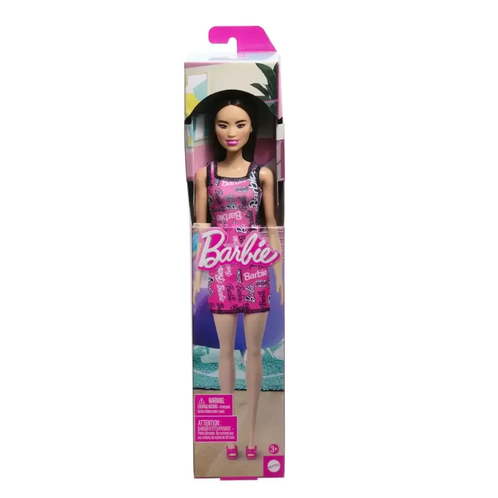 Barbie Fashion Doll with Straight Dark Burgundy Hair, Removable Pink Tank Dress & Shoes - Naivri