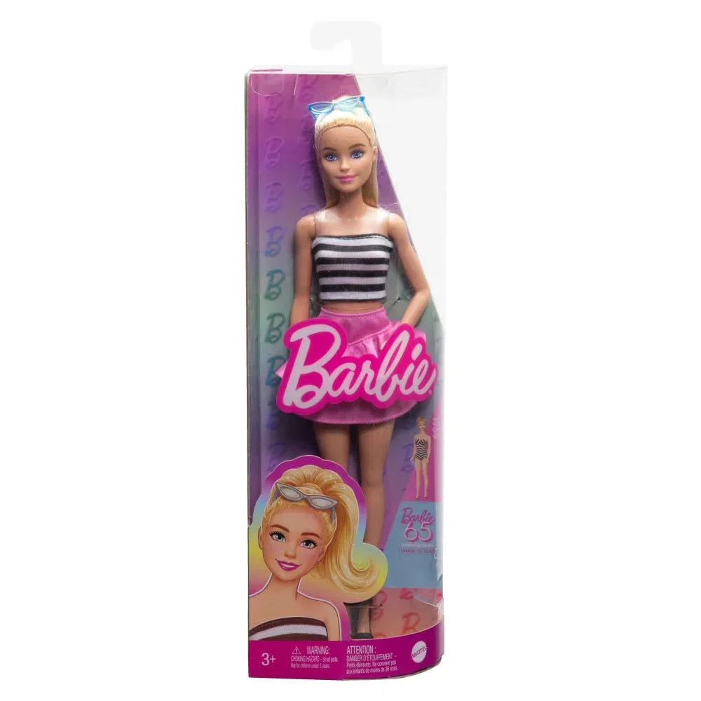 Barbie Fashionistas Doll #213, Blonde with Striped Top, Pink Skirt & Sunglasses, 65th Anniversary Collectible - Naivri