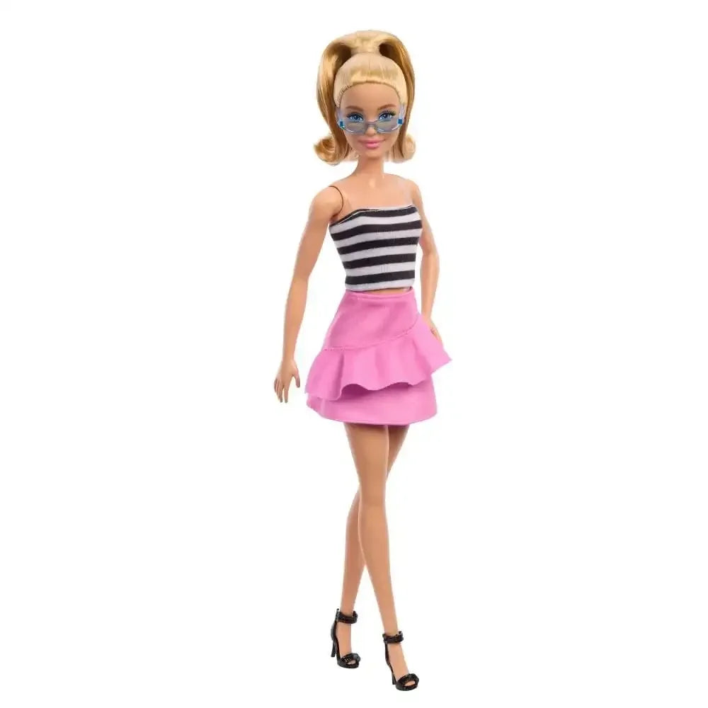 Barbie Fashionistas Doll #213, Blonde with Striped Top, Pink Skirt & Sunglasses, 65th Anniversary Collectible - Naivri