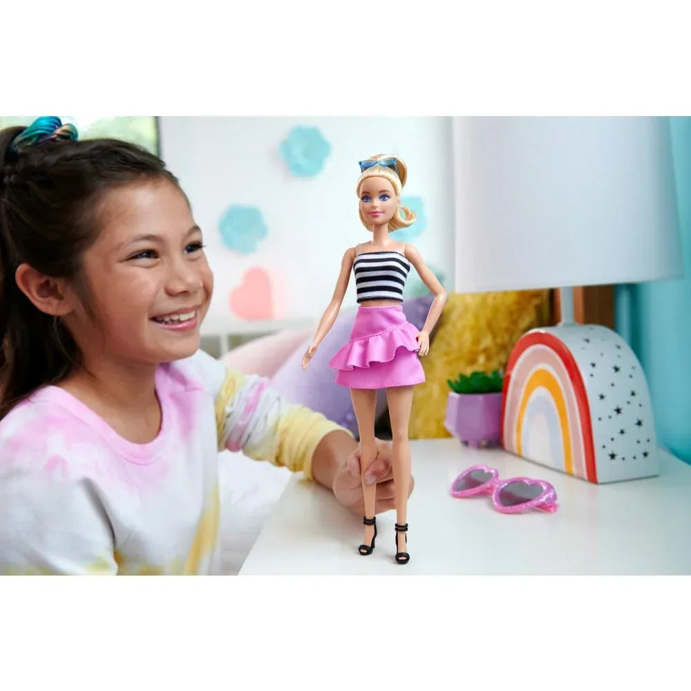 Barbie Fashionistas Doll #213, Blonde with Striped Top, Pink Skirt & Sunglasses, 65th Anniversary Collectible - Naivri