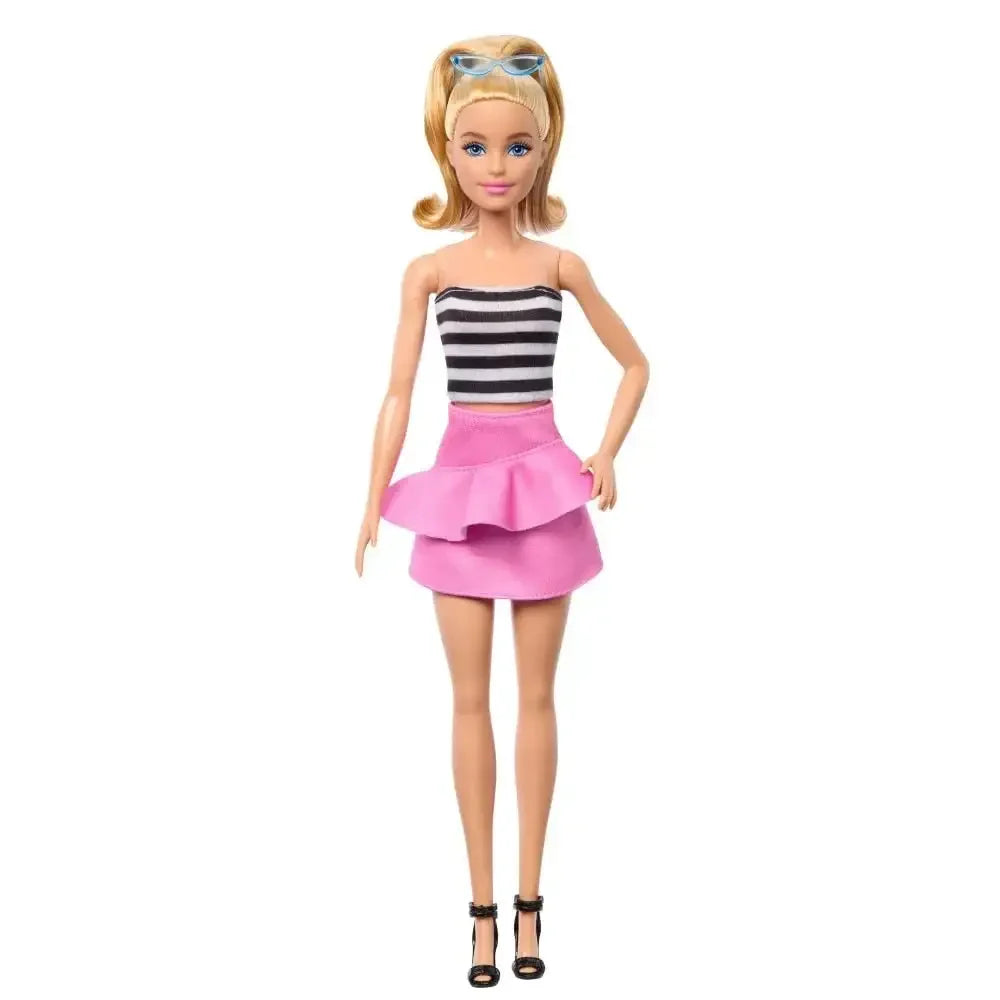 Barbie Fashionistas Doll #213, Blonde with Striped Top, Pink Skirt & Sunglasses, 65th Anniversary Collectible - Naivri