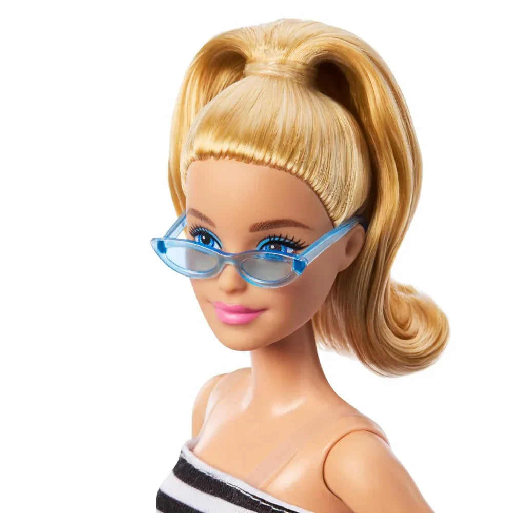 Barbie Fashionistas Doll #213, Blonde with Striped Top, Pink Skirt & Sunglasses, 65th Anniversary Collectible - Naivri