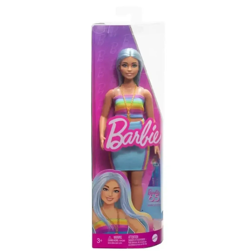 Barbie Fashionistas Doll #218 – 65th Anniversary Blue Hair, Rainbow Top & Teal Skirt - Naivri