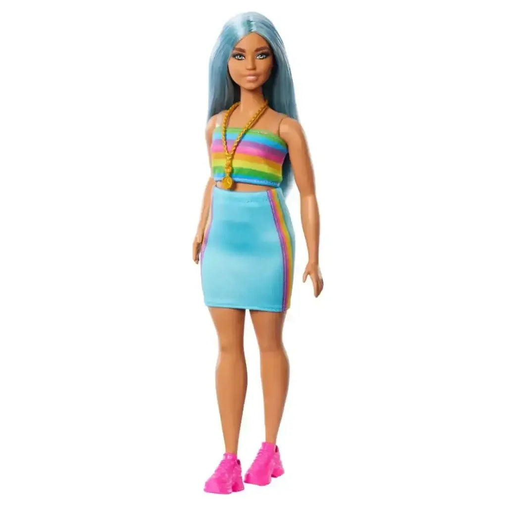 Barbie Fashionistas Doll #218 – 65th Anniversary Blue Hair, Rainbow Top & Teal Skirt - Naivri