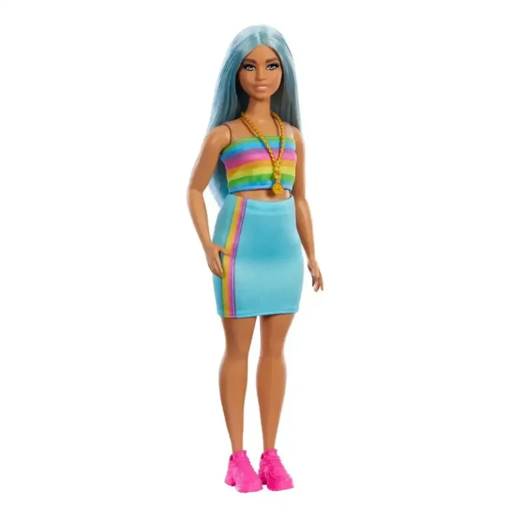 Barbie Fashionistas Doll #218 – 65th Anniversary Blue Hair, Rainbow Top & Teal Skirt - Naivri