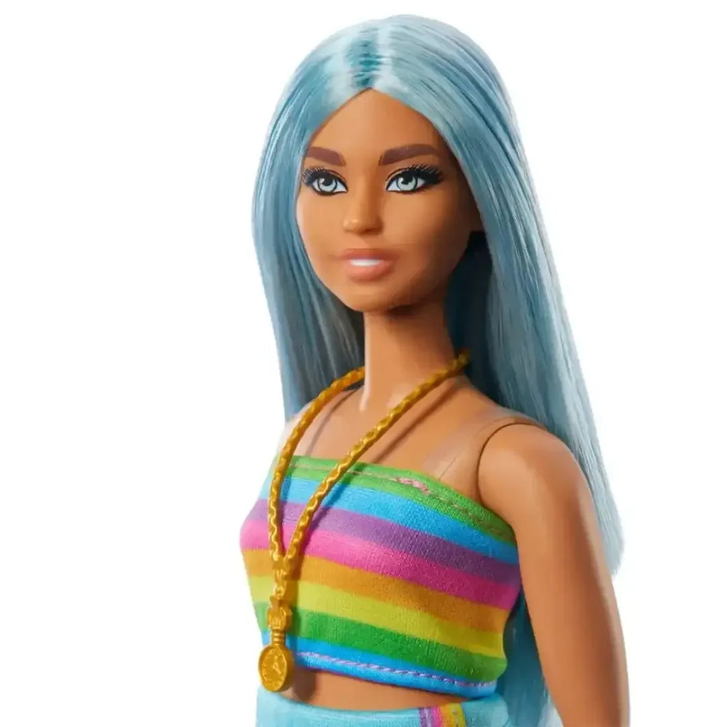 Barbie Fashionistas Doll #218 – 65th Anniversary Blue Hair, Rainbow Top & Teal Skirt - Naivri