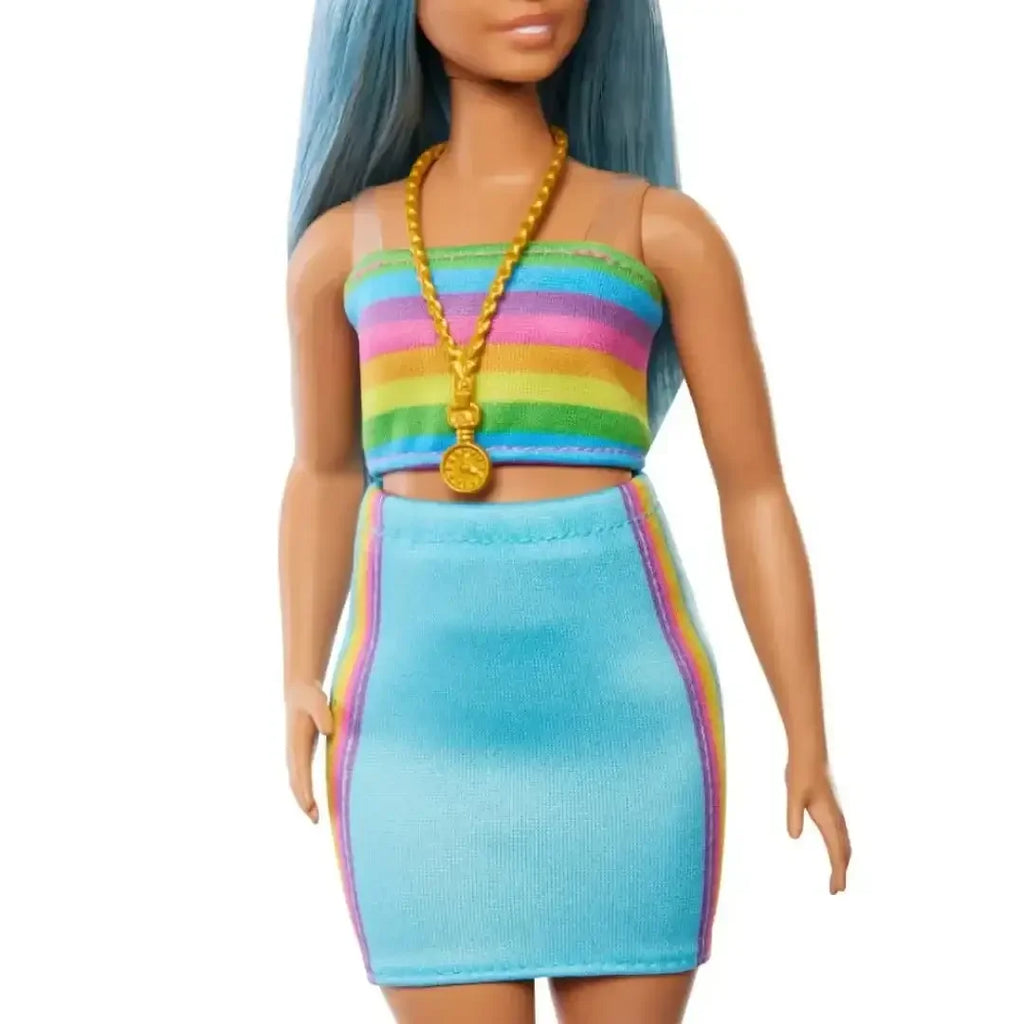Barbie Fashionistas Doll #218 – 65th Anniversary Blue Hair, Rainbow Top & Teal Skirt - Naivri
