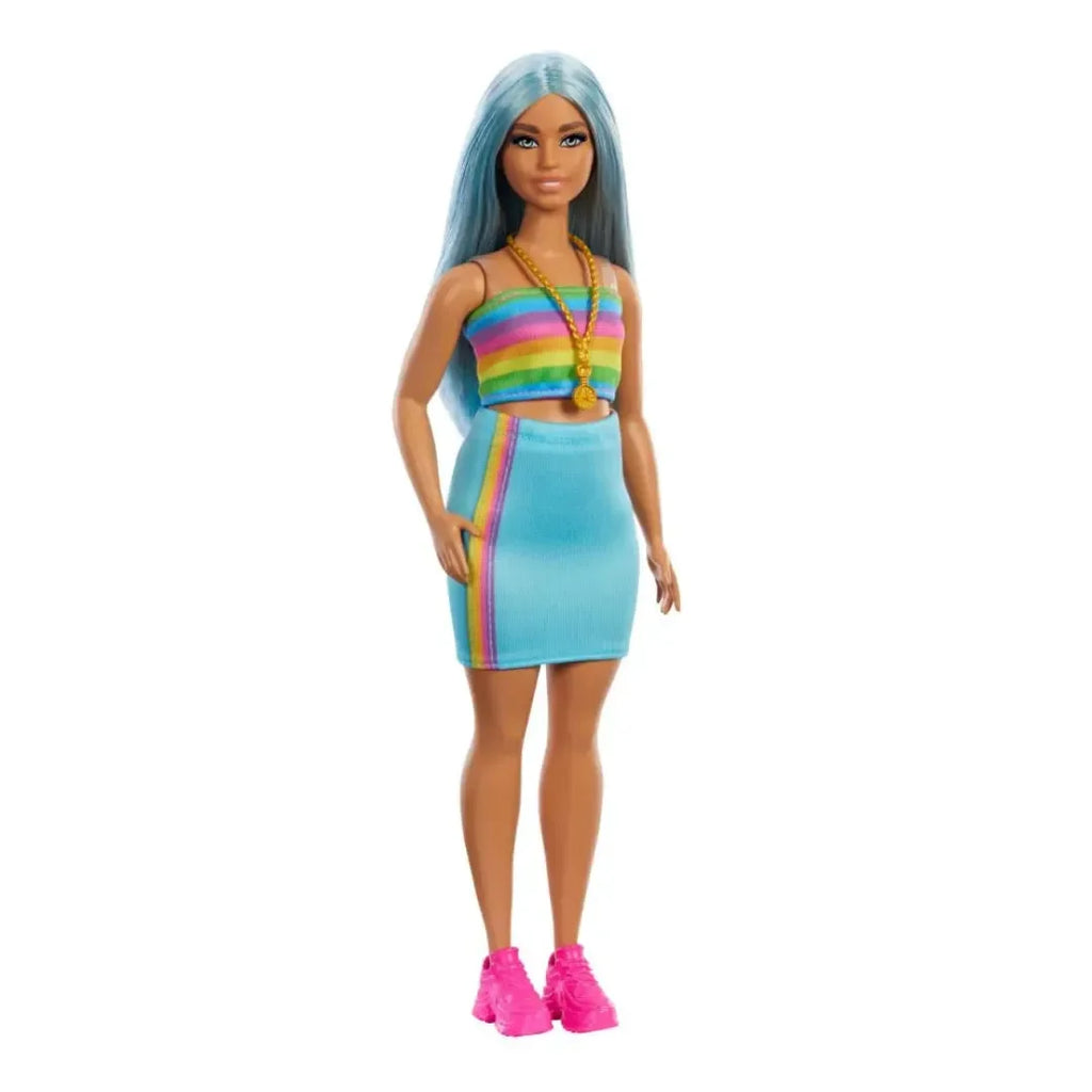 Barbie Fashionistas Doll #218 – 65th Anniversary Blue Hair, Rainbow Top & Teal Skirt - Naivri