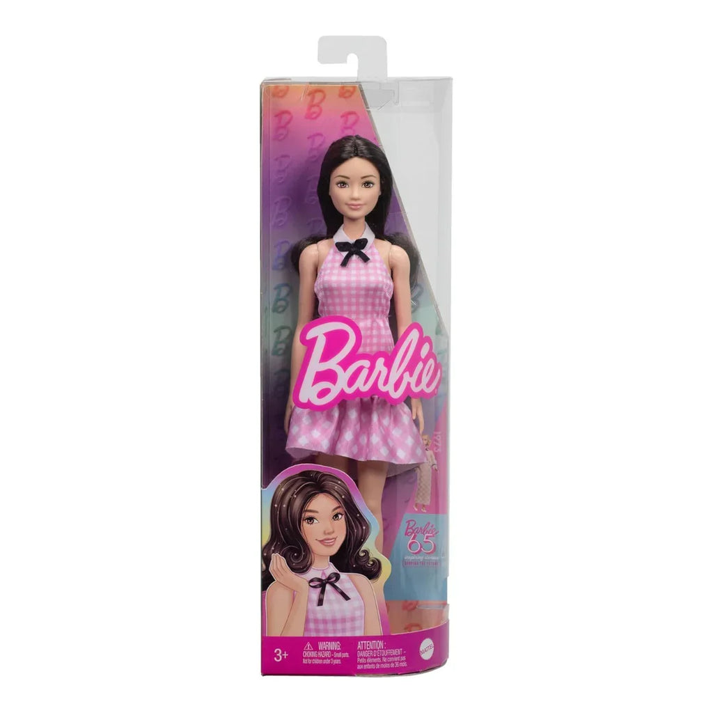 Barbie Fashionistas Doll #224, Black Wavy Hair, Pink Gingham Dress & Accessories, 65th Anniversary Collectible - Naivri