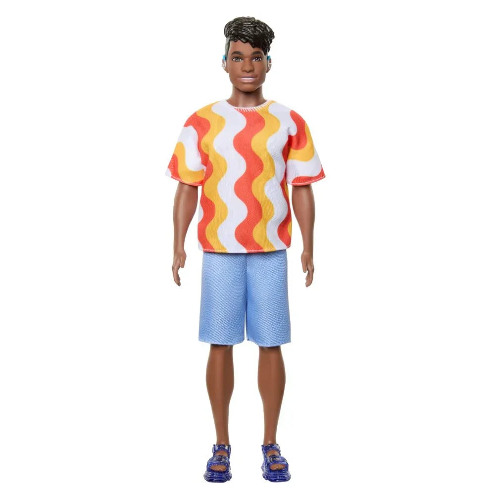 Barbie Fashionistas Ken Doll #220 with Behind-The-Ear Hearing Aids, Broad Body, Orange Patterned Shirt, Shorts & Jelly Sandals - Naivri