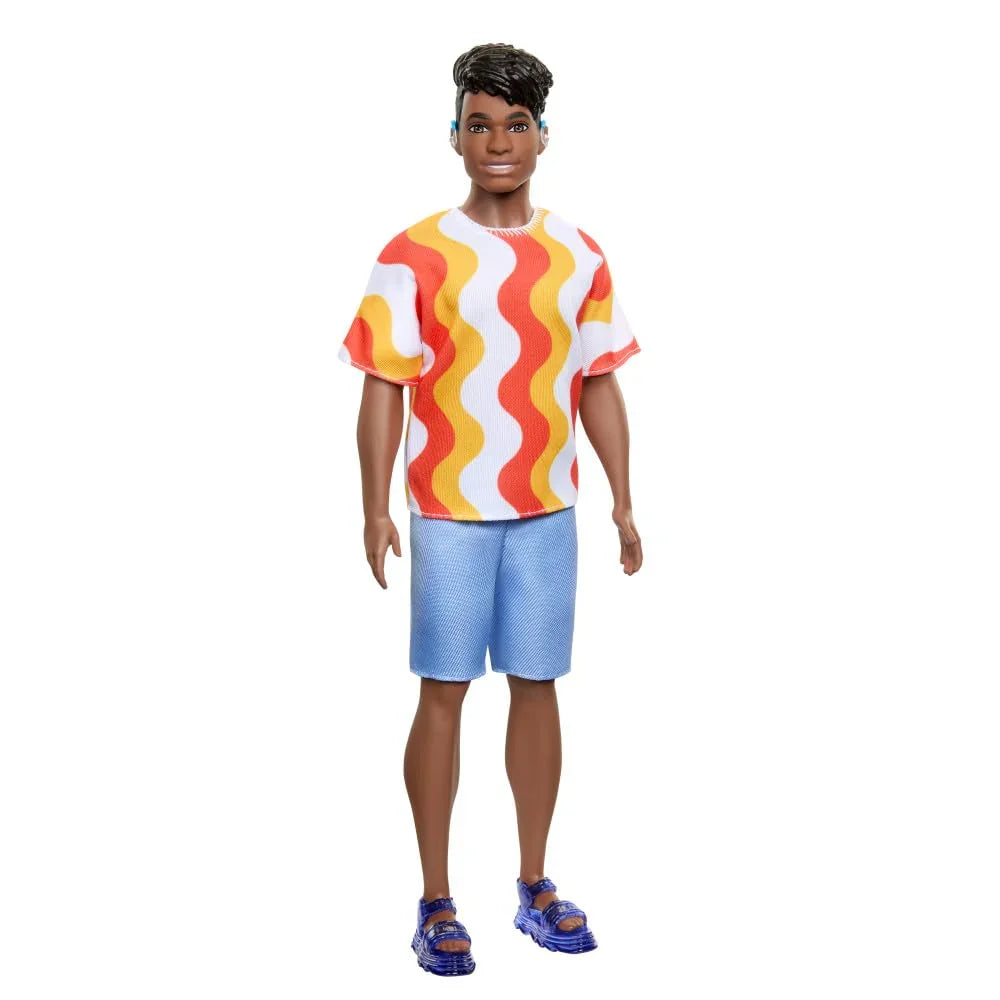 Barbie Fashionistas Ken Doll #220 with Behind-The-Ear Hearing Aids, Broad Body, Orange Patterned Shirt, Shorts & Jelly Sandals - Naivri