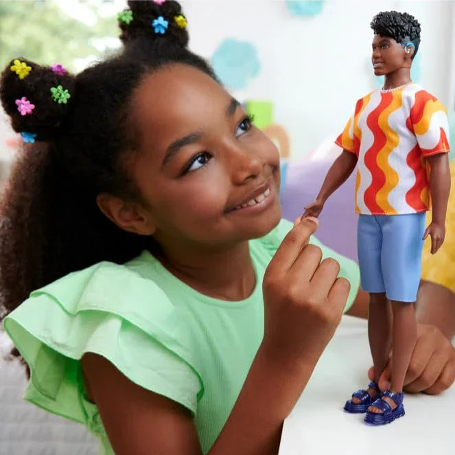 Barbie Fashionistas Ken Doll #220 with Behind-The-Ear Hearing Aids, Broad Body, Orange Patterned Shirt, Shorts & Jelly Sandals - Naivri