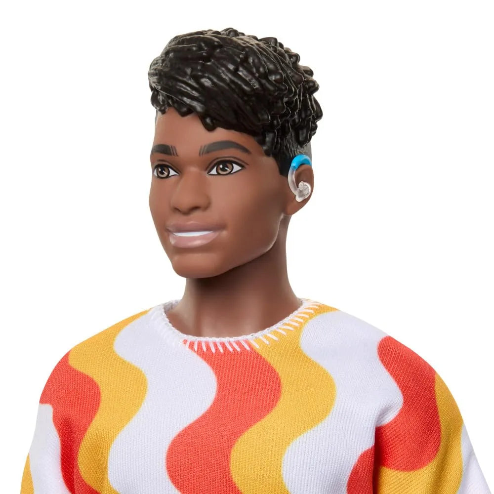 Barbie Fashionistas Ken Doll #220 with Behind-The-Ear Hearing Aids, Broad Body, Orange Patterned Shirt, Shorts & Jelly Sandals - Naivri