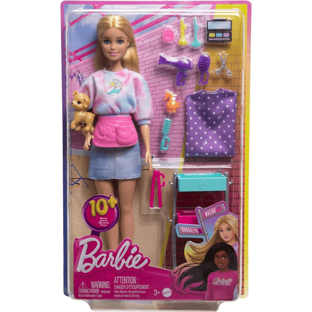 Barbie Malibu Stylist Doll & 14 Accessories Playset, Hair & Makeup Theme With Puppy & Styling Cart HNK95 - Naivri