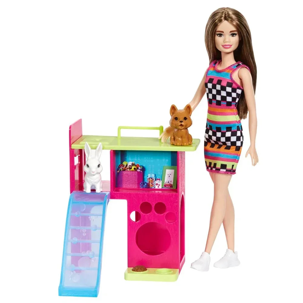 Barbie Playset with Pet Playhouse, Brunette Petite Doll, Puppy & Bunny Pets - Naivri