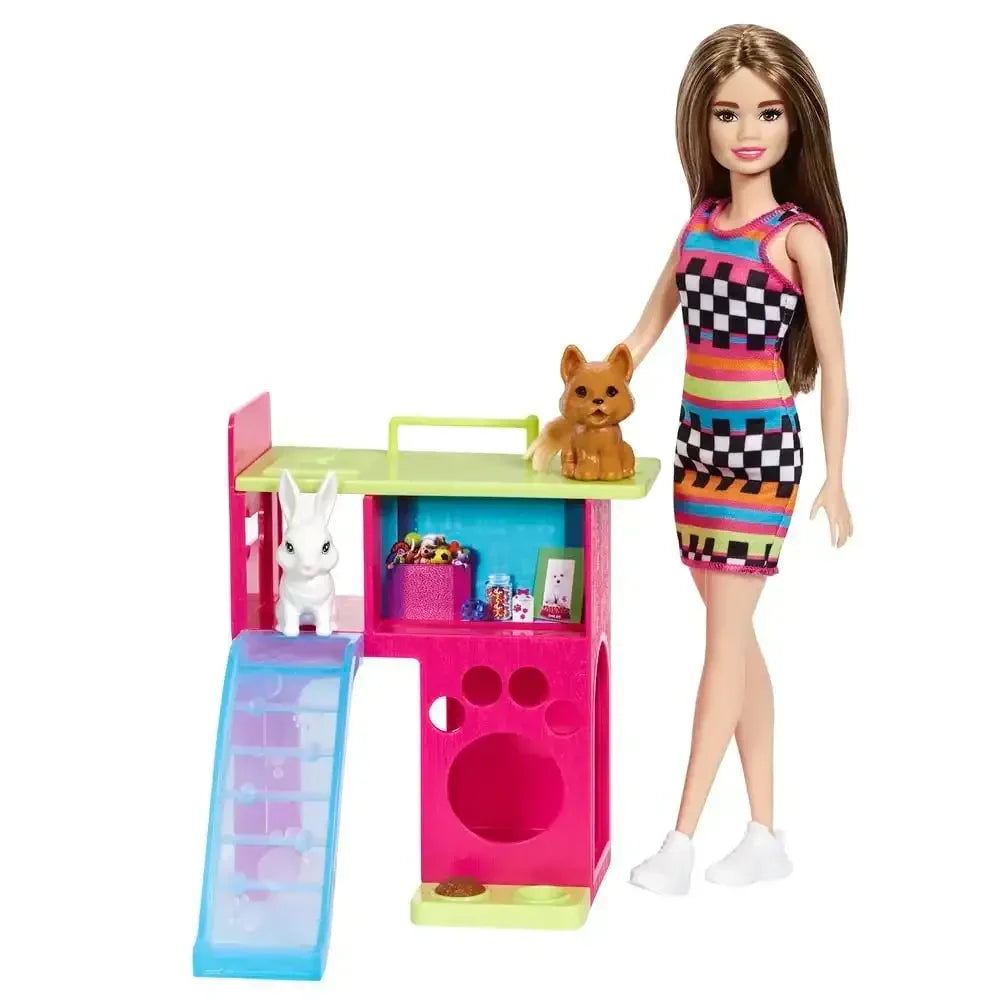 Barbie Playset with Pet Playhouse, Brunette Petite Doll, Puppy & Bunny Pets - Naivri
