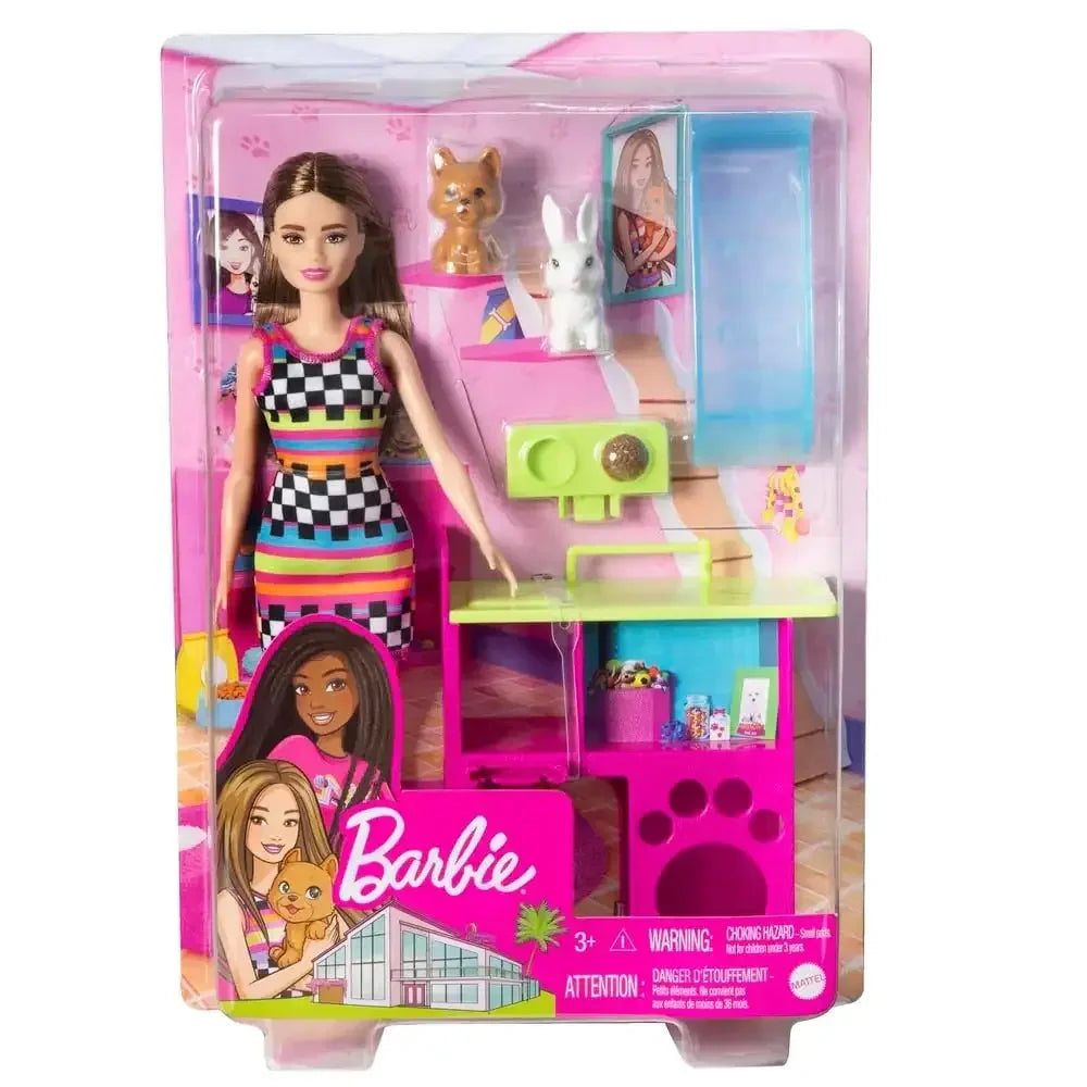 Barbie Playset with Pet Playhouse, Brunette Petite Doll, Puppy & Bunny Pets - Naivri