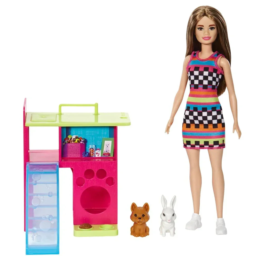Barbie Playset with Pet Playhouse, Brunette Petite Doll, Puppy & Bunny Pets - Naivri
