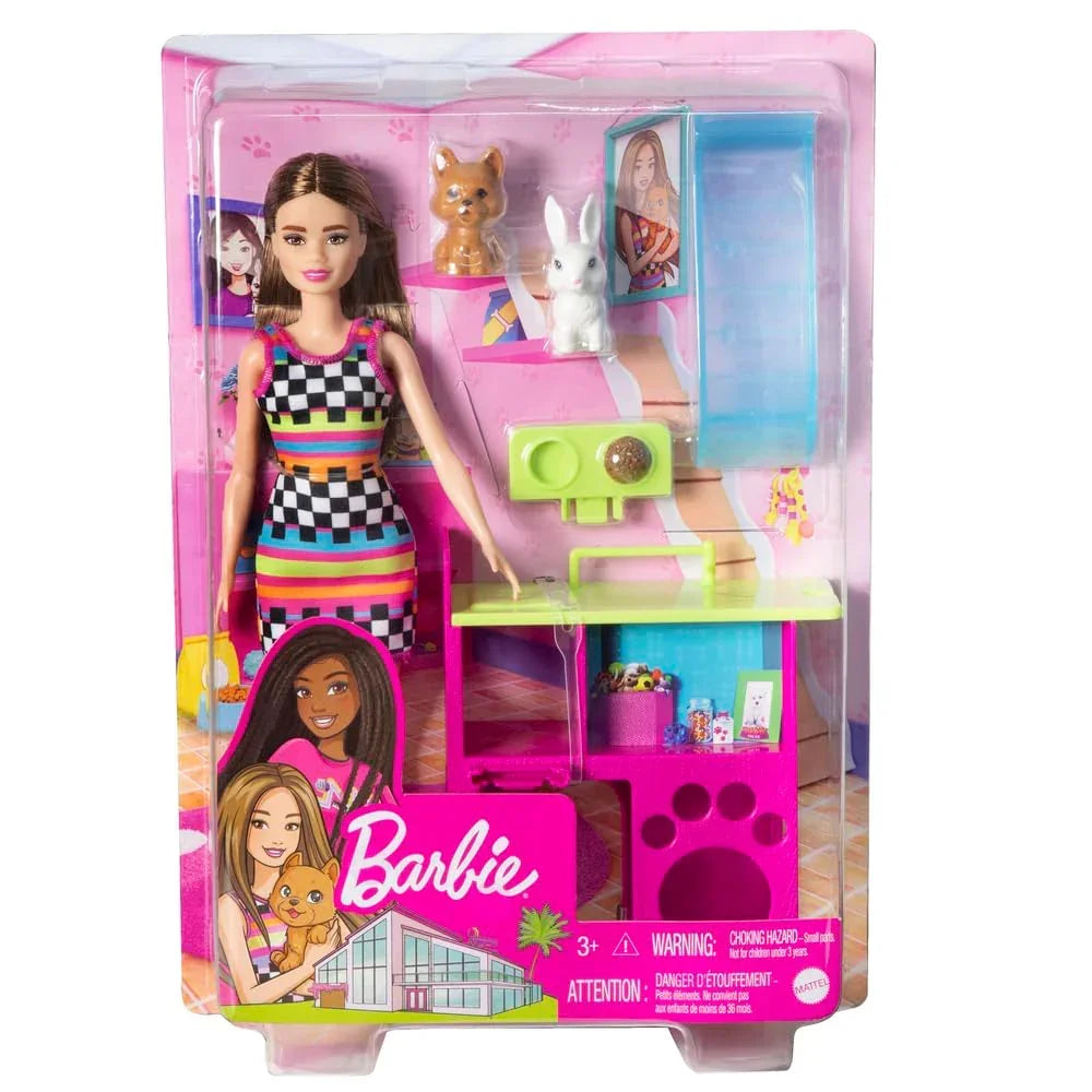 Barbie Playset with Pet Playhouse, Brunette Petite Doll, Puppy & Bunny Pets - Naivri