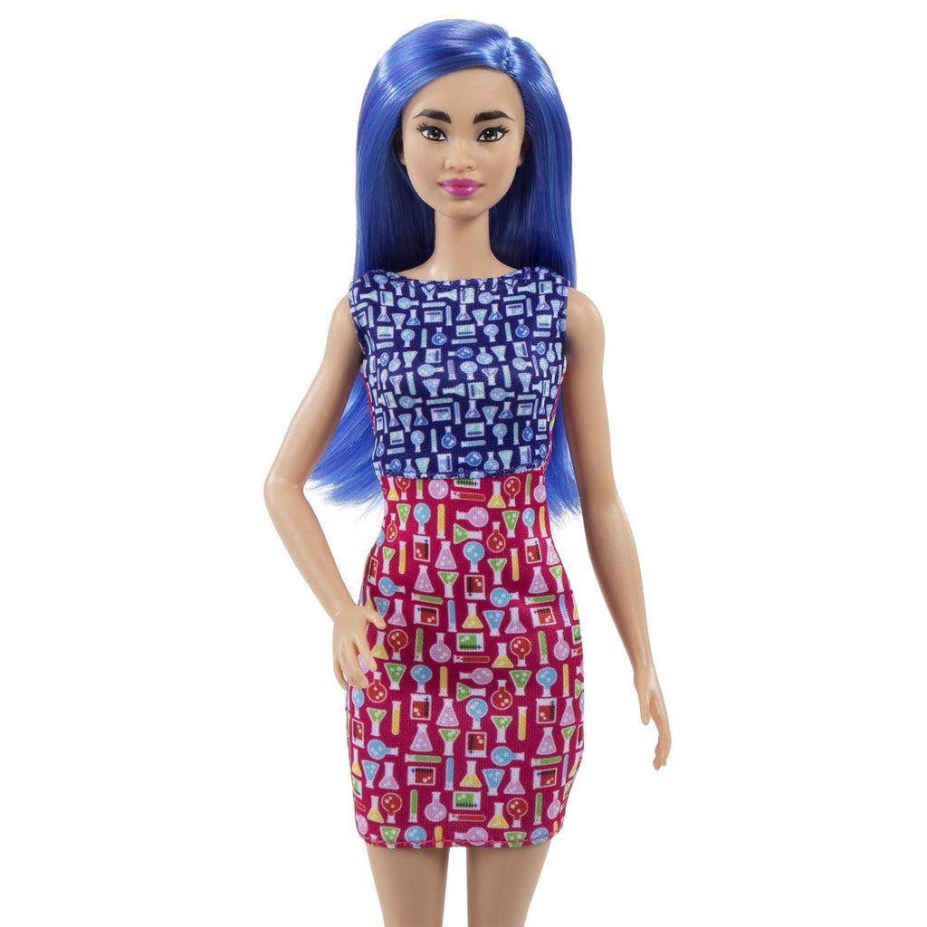 Barbie Scientist Doll, Blue Hair, Color Block Dress, Lab Coat & Flats, Microscope HCN11 - Naivri