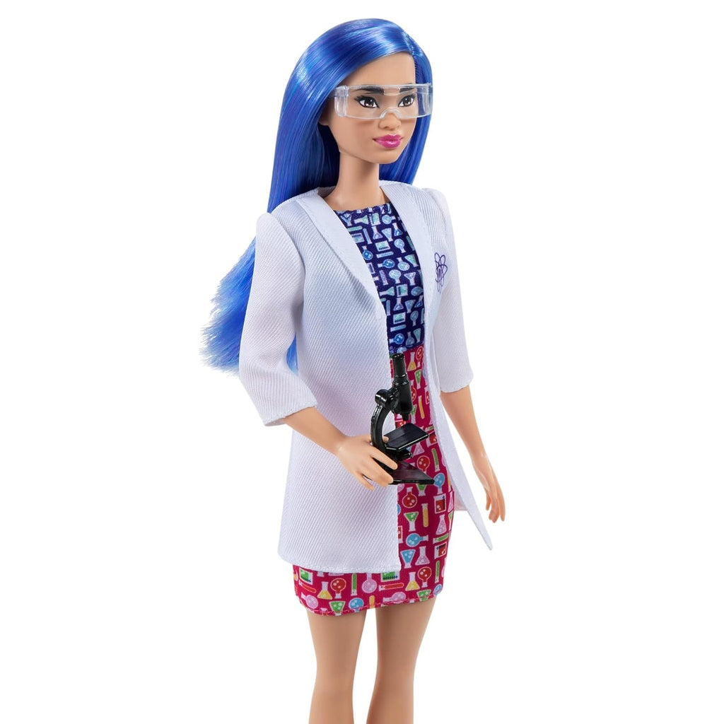 Barbie Scientist Doll, Blue Hair, Color Block Dress, Lab Coat & Flats, Microscope HCN11 - Naivri