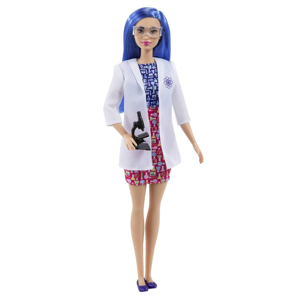 Barbie Scientist Doll, Blue Hair, Color Block Dress, Lab Coat & Flats, Microscope HCN11 - Naivri