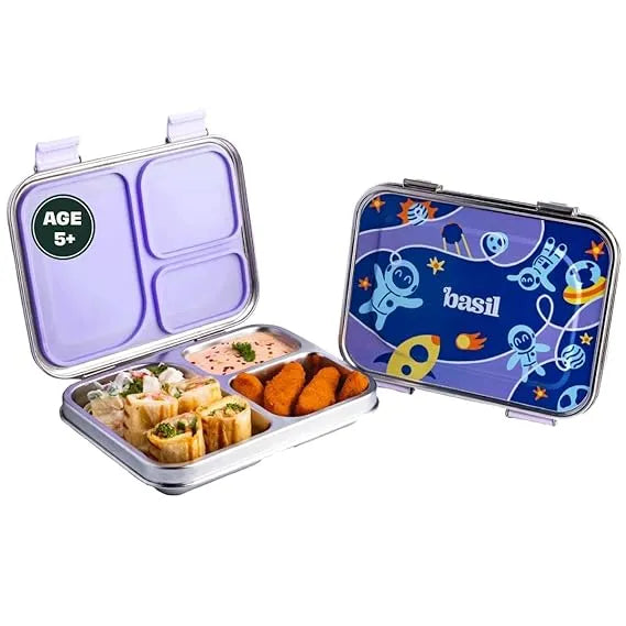 Basil Bento Box – 900 ml 3-Compartment Stainless Steel Lunch Box for Kids | Leak-Proof Tiffin for School - Naivri