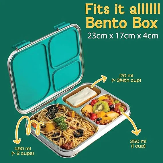 Basil Bento Box – 900 ml 3-Compartment Stainless Steel Lunch Box for Kids | Leak-Proof Tiffin for School - Naivri