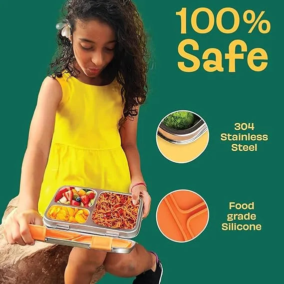 Basil Bento Box – 900 ml 3-Compartment Stainless Steel Lunch Box for Kids | Leak-Proof Tiffin for School - Naivri