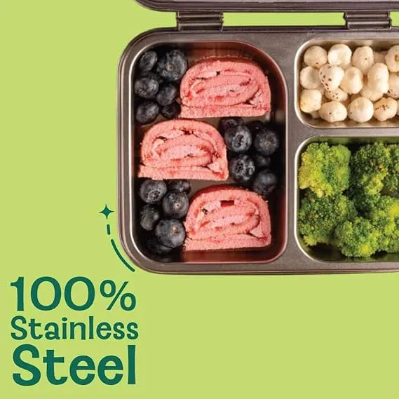 Basil Bento Box – 900 ml 3-Compartment Stainless Steel Lunch Box for Kids | Leak-Proof Tiffin for School - Naivri