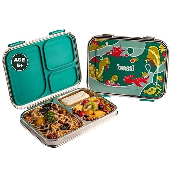 Basil Bento Box – 900 ml 3-Compartment Stainless Steel Lunch Box for Kids | Leak-Proof Tiffin for School - Naivri