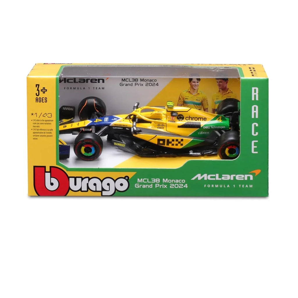 Bburago 1:43 F1 McLaren MCL38 2024 Monaco GP Senna Livery – Lando Norris #4, 30th Anniversary Edition - Naivri