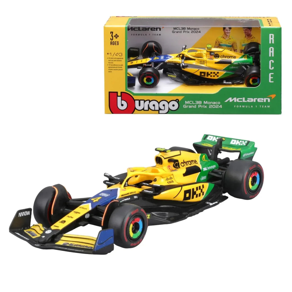 Bburago 1:43 F1 McLaren MCL38 2024 Monaco GP Senna Livery – Lando Norris #4, 30th Anniversary Edition - Naivri