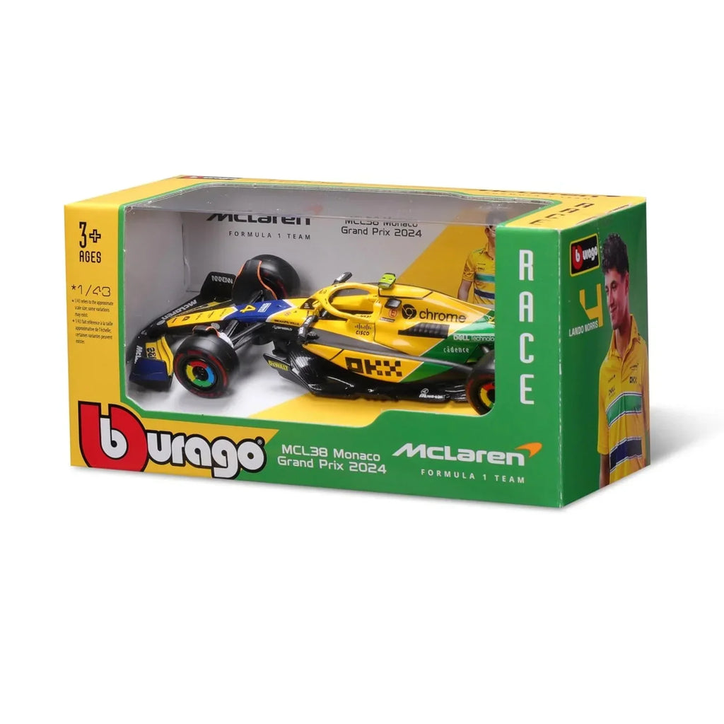 Bburago 1:43 F1 McLaren MCL38 2024 Monaco GP Senna Livery – Lando Norris #4, 30th Anniversary Edition - Naivri