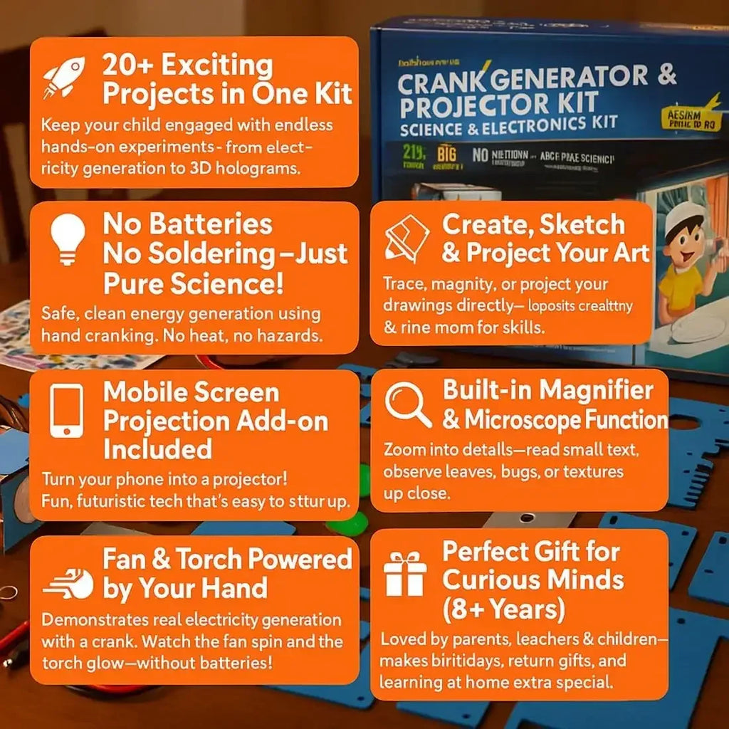 Be Cre8v Crank Generator & Projector Kit – 20-in-1 STEM DIY Science Toy for Kids (Age 8+) - Naivri