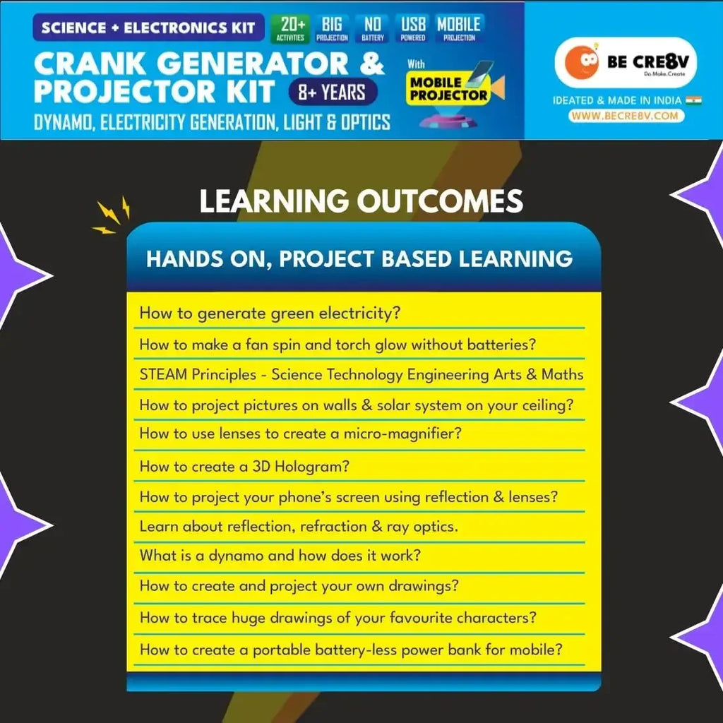 Be Cre8v Crank Generator & Projector Kit – 20-in-1 STEM DIY Science Toy for Kids (Age 8+) - Naivri