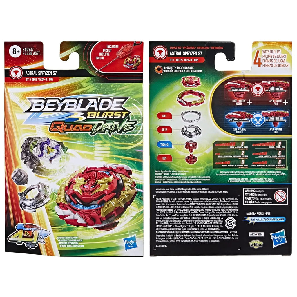 Beyblade Burst QuadDrive Astral Spryzen S7 Starter Pack – 4-in-1 Right/Left Spin Customizable Beyblade for Attack & Balance - Naivri