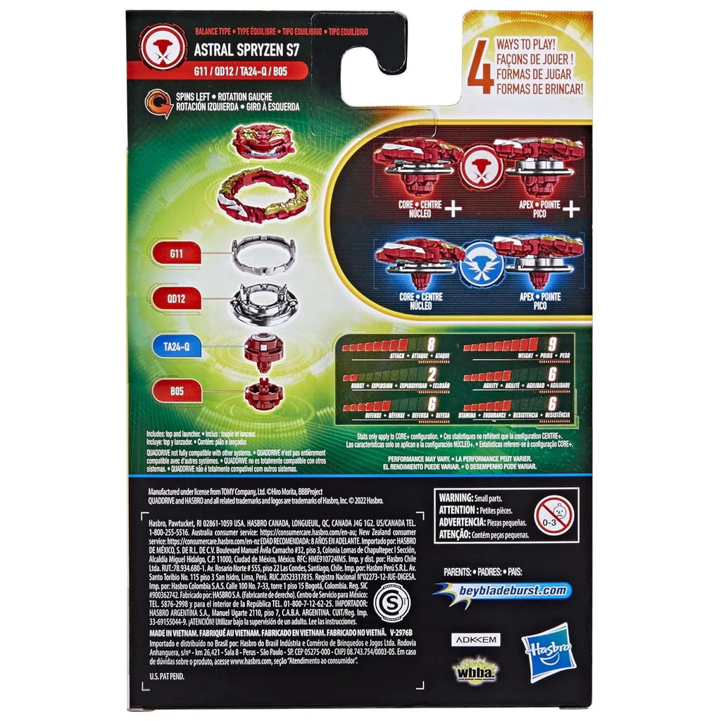 Beyblade Burst QuadDrive Astral Spryzen S7 Starter Pack – 4-in-1 Right/Left Spin Customizable Beyblade for Attack & Balance - Naivri