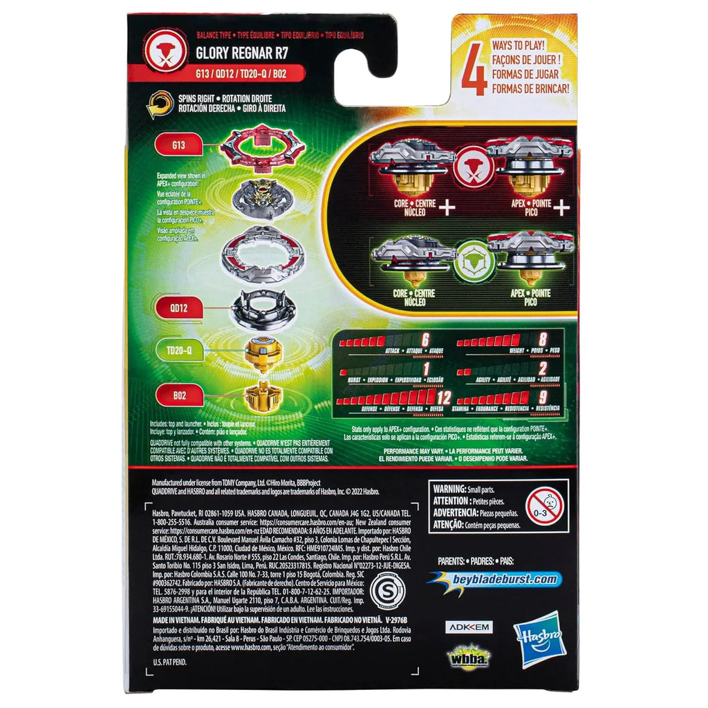 Beyblade Burst QuadDrive Glory Regnar R7 Starter Pack – 4-in-1 Customizable Right-Spin Top for Defense & Balance - Naivri