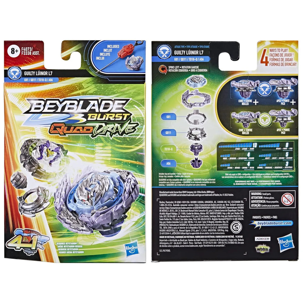 Beyblade Burst QuadDrive Guilty Lúinor L7 Starter Pack – 4-in-1 Customizable Left-Spin Beyblade Top - Naivri