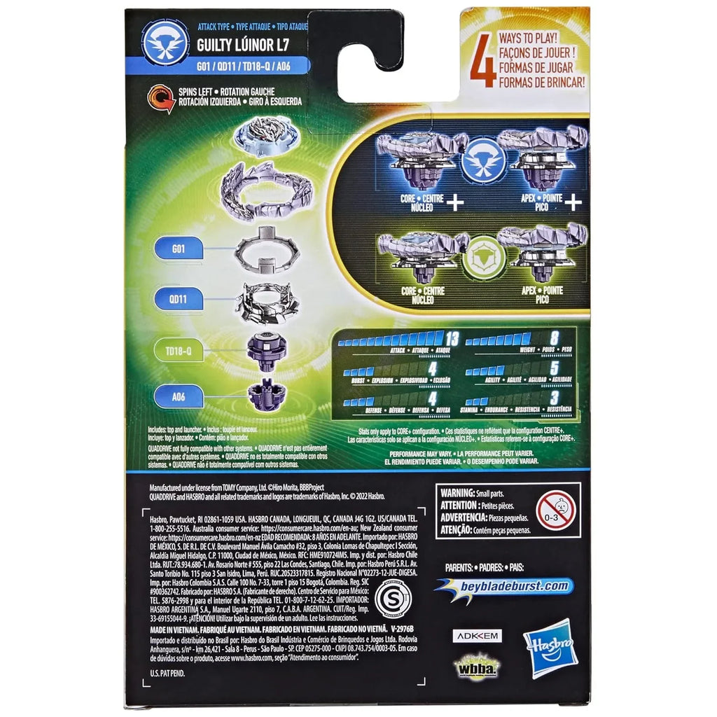 Beyblade Burst QuadDrive Guilty Lúinor L7 Starter Pack – 4-in-1 Customizable Left-Spin Beyblade Top - Naivri
